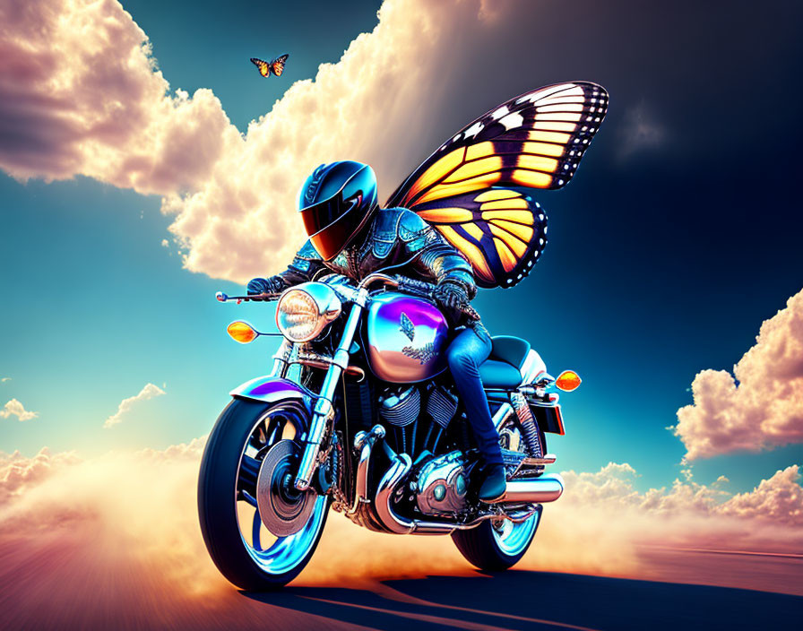 Person in Butterfly Costume Riding Motorcycle in Sky