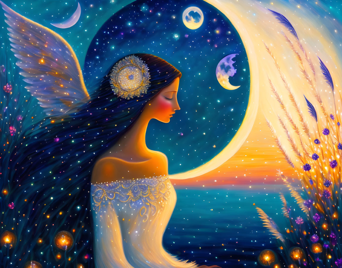 Illustration of woman with dark hair and wings under multiple moons, surrounded by glowing flowers.