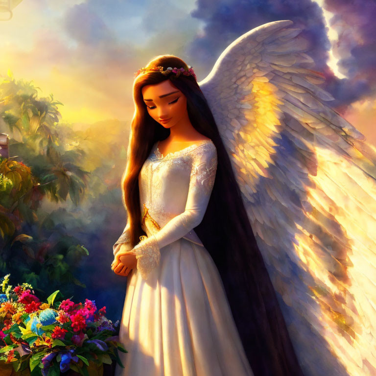 Angelic figure with white wings in sunlit garden