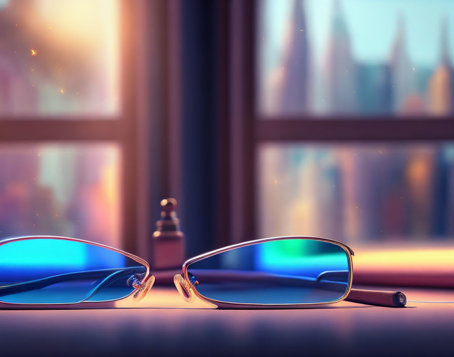 Eyeglasses and pen on table with cityscape view at sunset