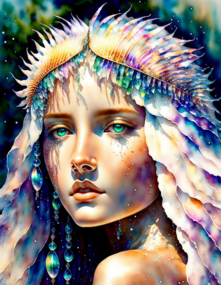 Vibrant digital art: Woman with sea-inspired crown and fin-like adornments.