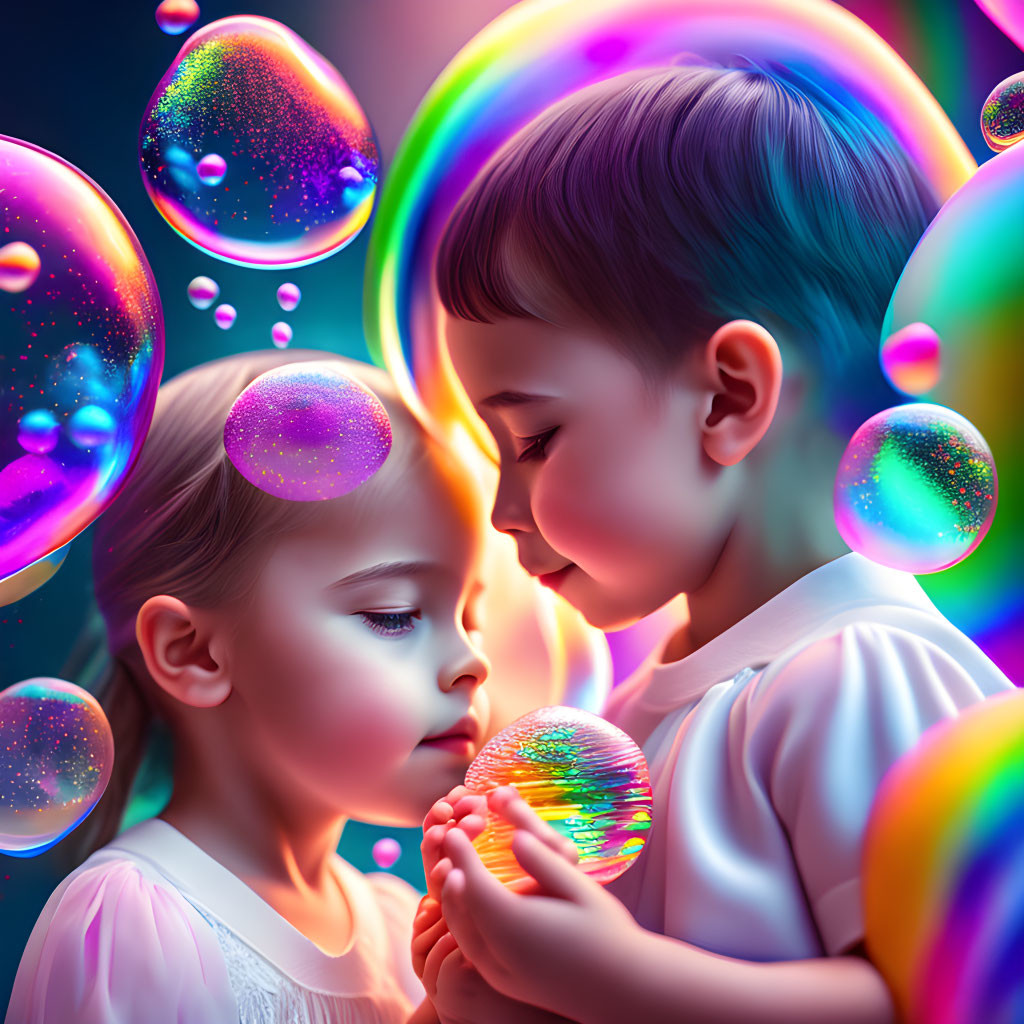 Children amazed by glowing iridescent bubbles on colorful background