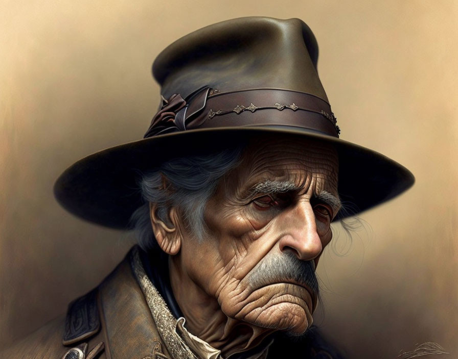 Digital painting of an old man in a cowboy hat and leather jacket.