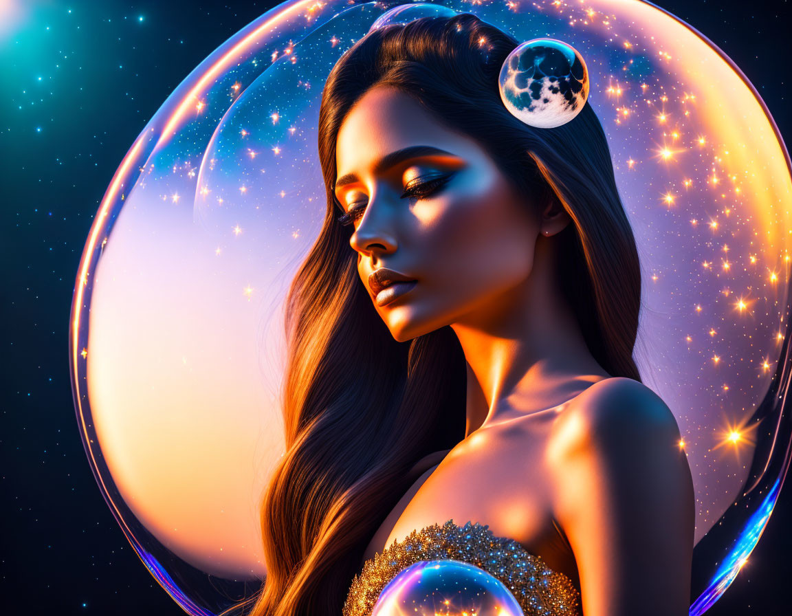 Cosmic-themed digital artwork of a woman with glowing skin