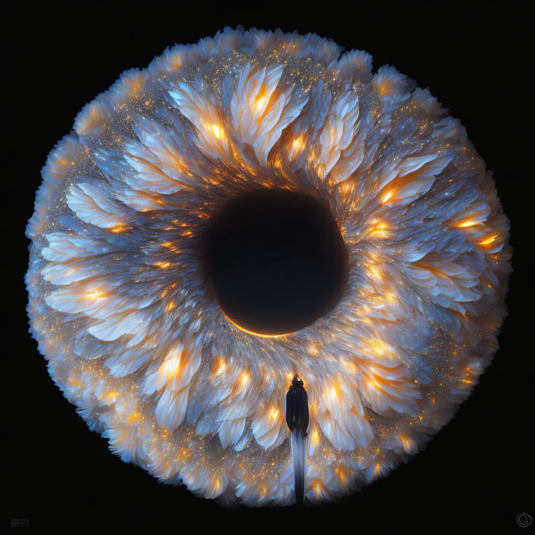 Person standing under glowing circular feather-like structures in dark background