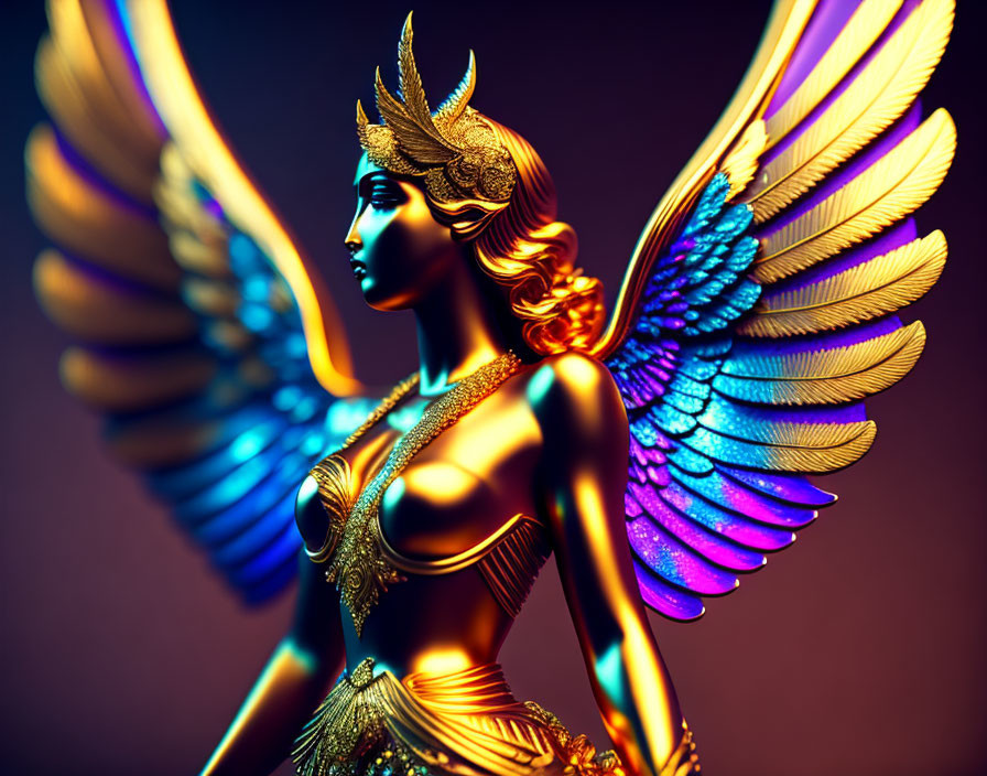 Mythical winged woman in golden armor on purple background