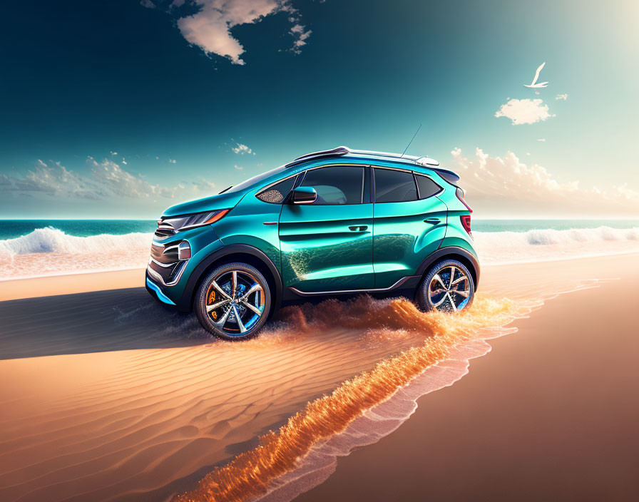 Teal SUV driving on sandy beach with rolling waves and seagulls under sunny sky