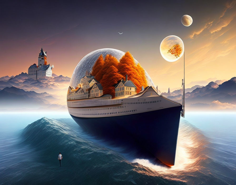 Surreal ship with autumn dome, castle, and mountains