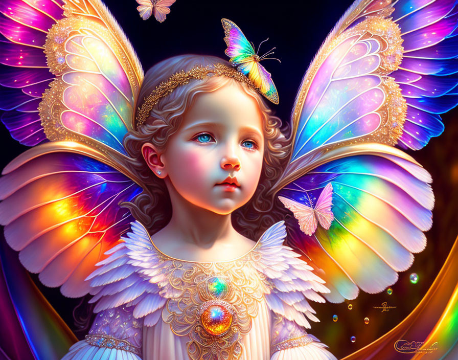 Digital Art: Young Girl with Iridescent Butterfly Wings