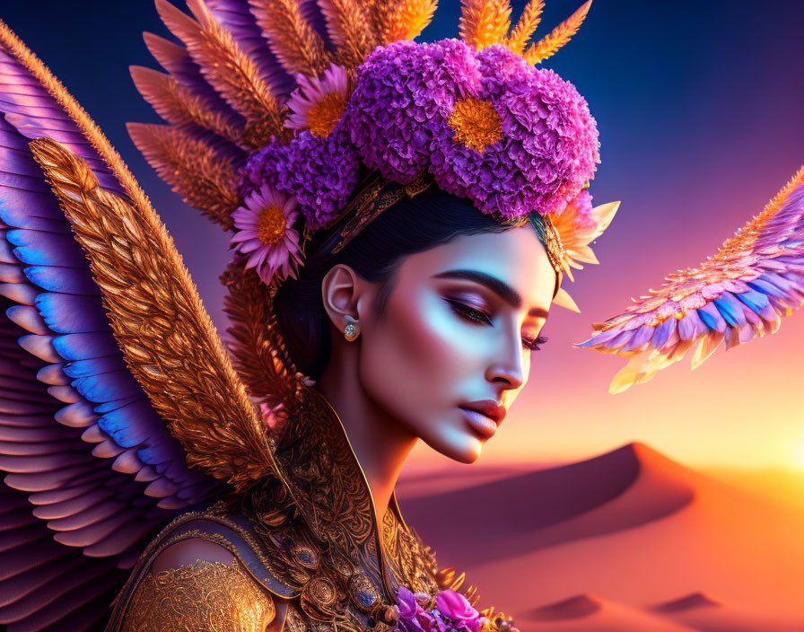 Woman in Floral Headdress with Golden Shoulder Armor in Twilight Desert