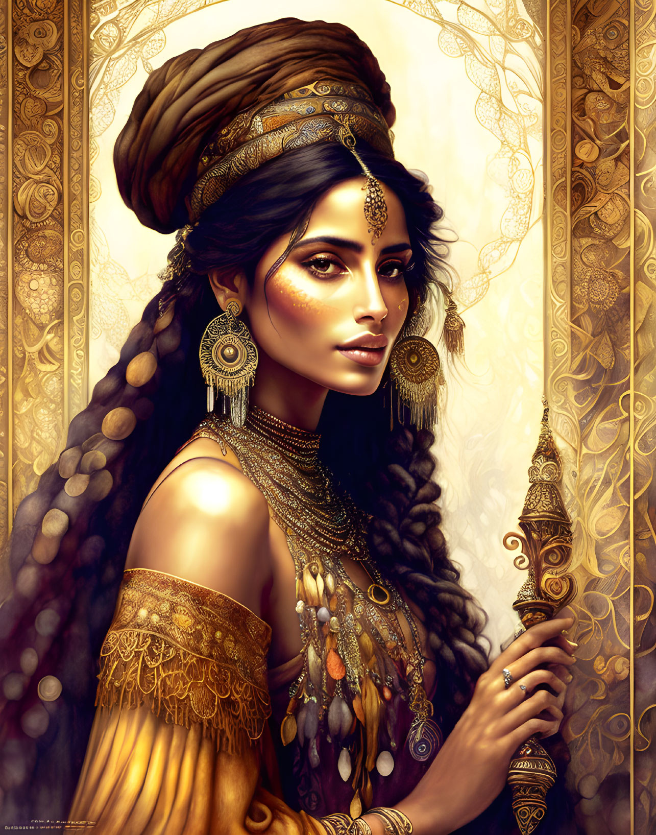 Illustrated woman with golden jewelry and ornate turban in warm hues.