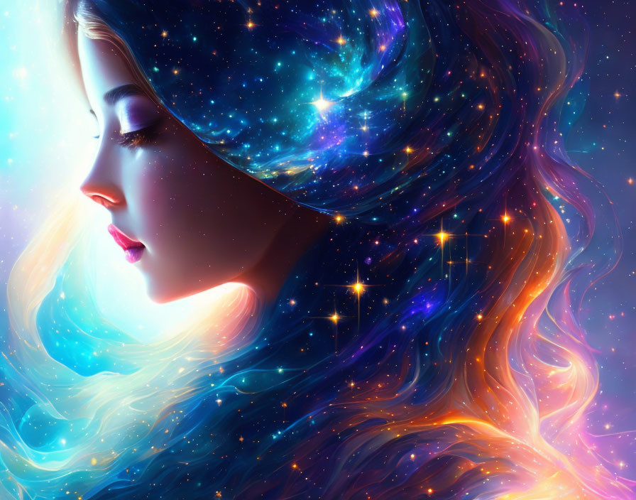 Illustrated profile of woman with galaxy-themed hair merging with cosmic space in vibrant blues and purples