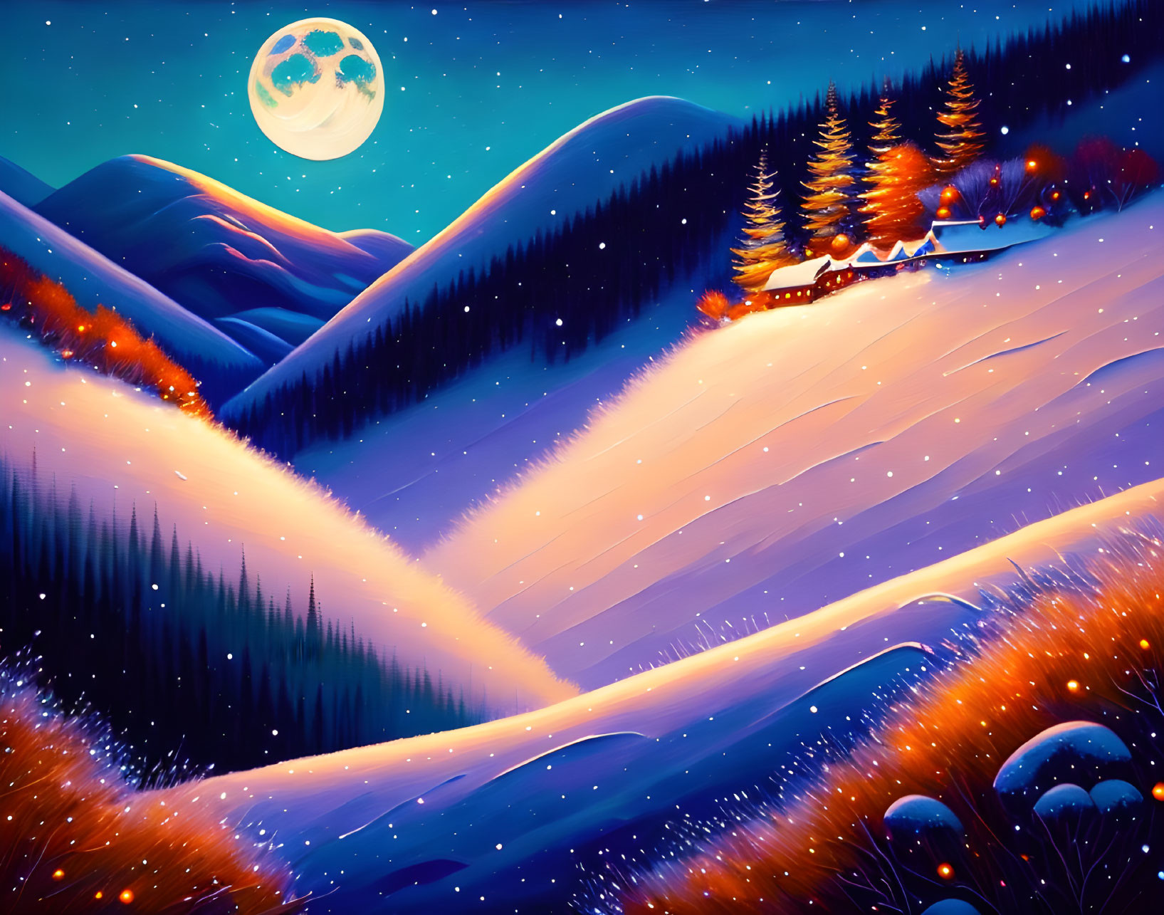 Stylized snowy night landscape with cabin, moon, and stars