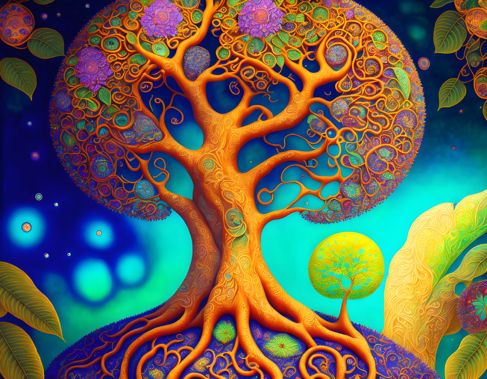 Colorful Psychedelic Tree Illustration with Dream-like Background