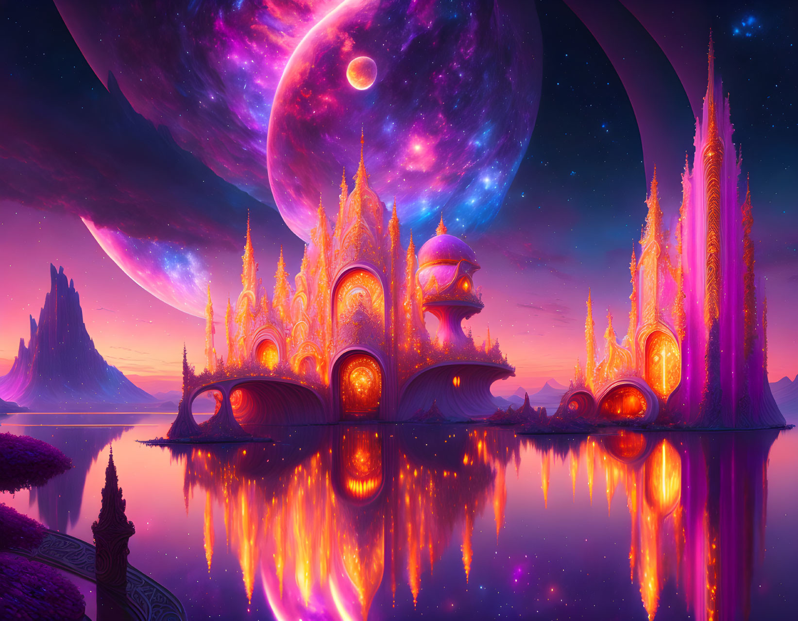 Fantastical landscape with glowing castle and massive planets in vibrant sky