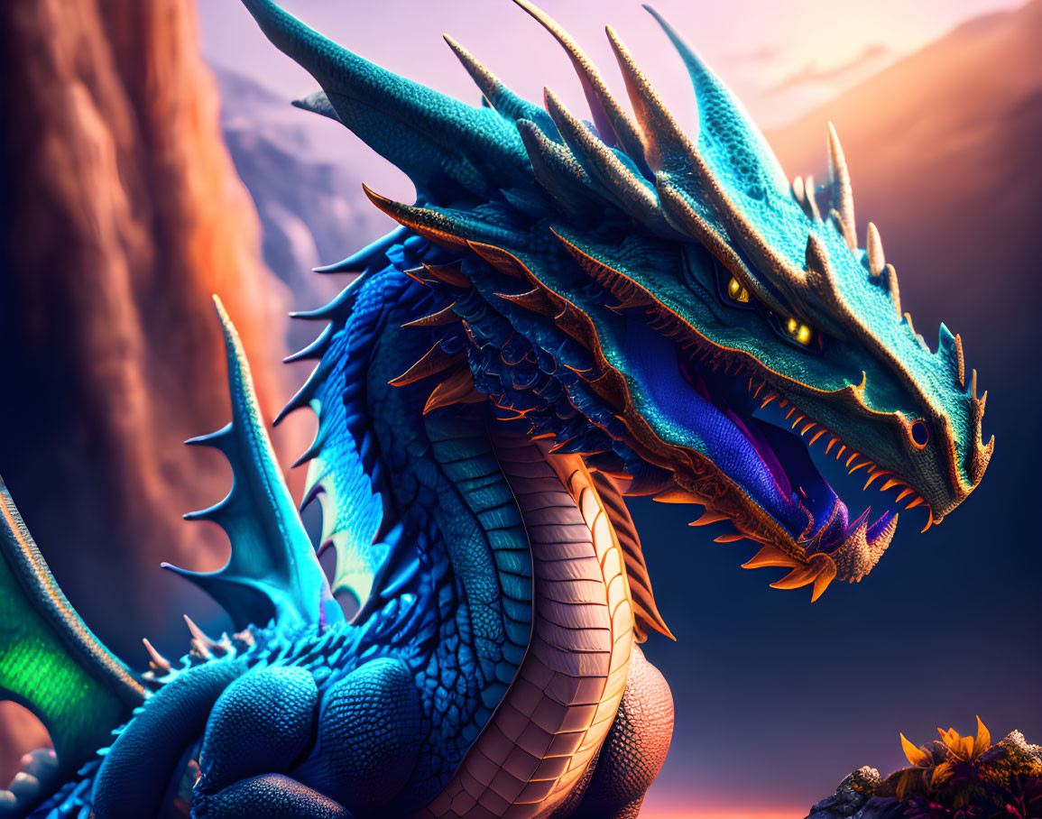 Blue dragon against dramatic sunset sky with sharp spikes and scales.