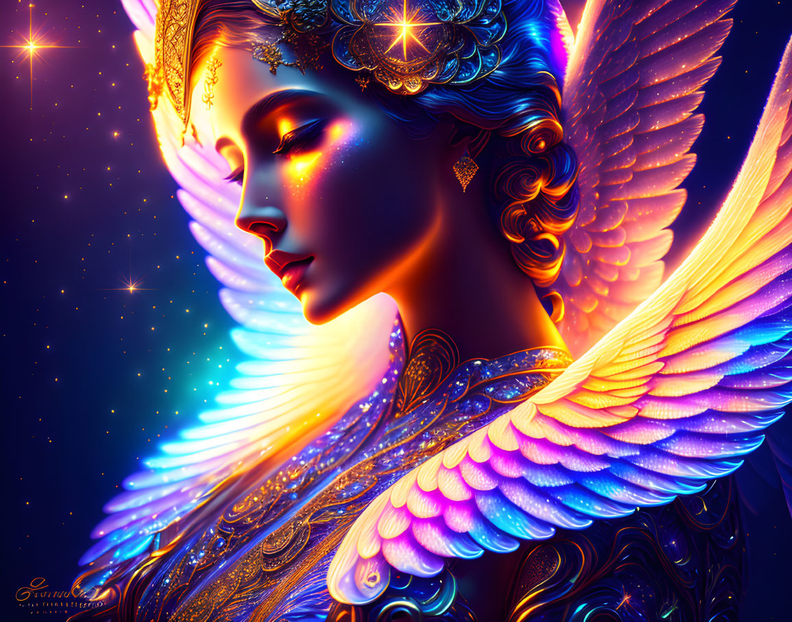 Celestial being with elaborate wings and ornate jewelry in starry setting