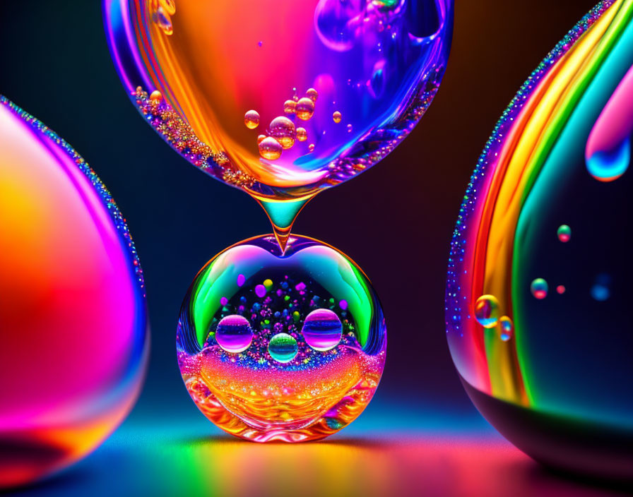 Colorful Water Droplets Reflecting Light on Dark Background