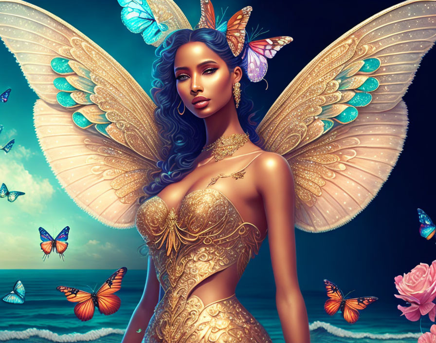 Golden Attired Fairy with Luminous Wings Surrounded by Butterflies in Twilight Ocean Setting