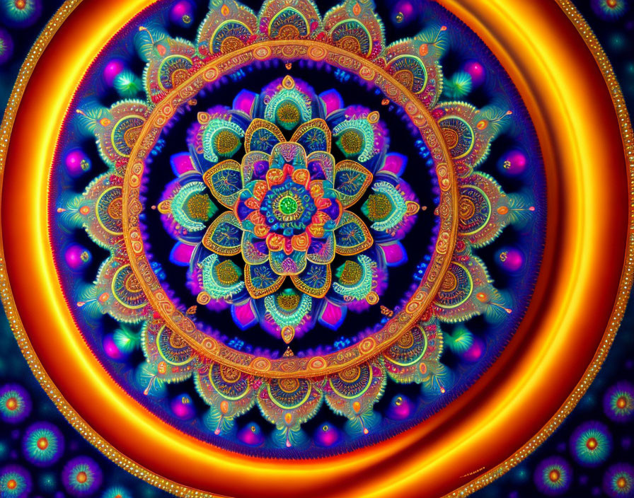 Colorful Mandala Fractal Art with Geometric Shapes and Orbs