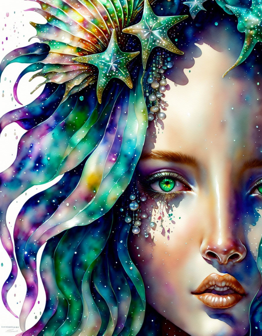 Colorful artwork featuring woman with green eyes, starfish, and cosmic background