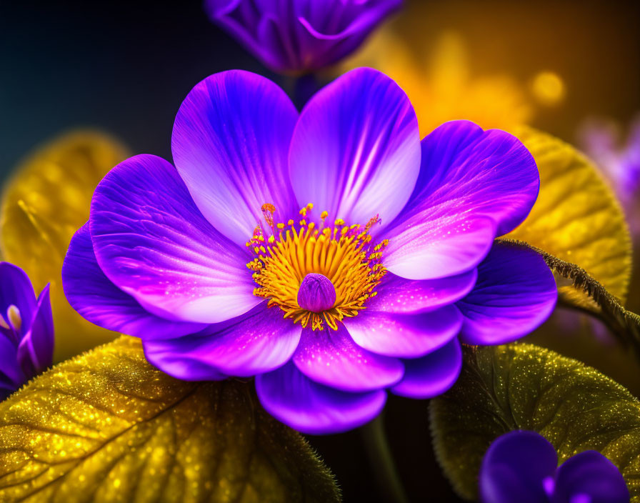 Detailed Purple Flower with Golden Center and Blurred Yellow Blossoms