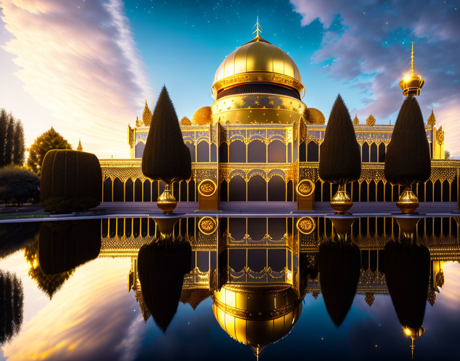 Golden-domed building with intricate designs reflecting in serene water at twilight