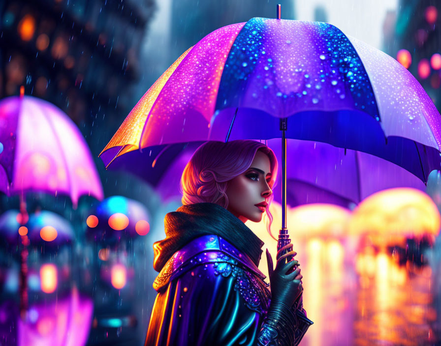 Woman under luminous umbrella in night rain with colorful lights