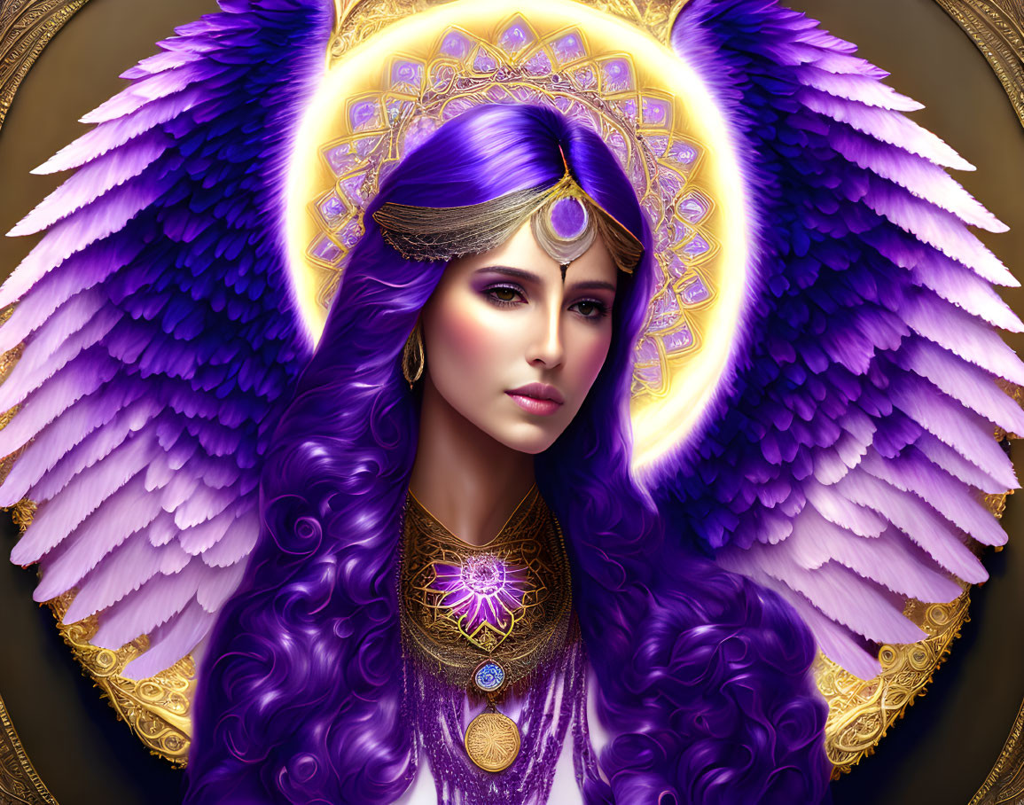 Purple-haired female figure with golden headpiece and wings in halo background.