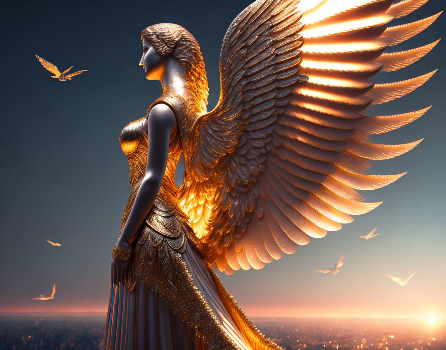 Golden-winged female figure in sunset cityscape exudes elegance.