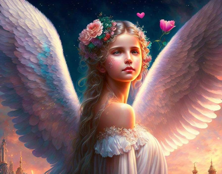 Majestic angel with wings and floral crown in twilight sky