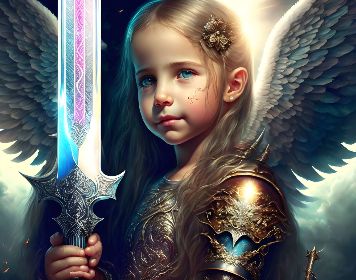 Young girl in angelic armor with glowing sword under celestial light