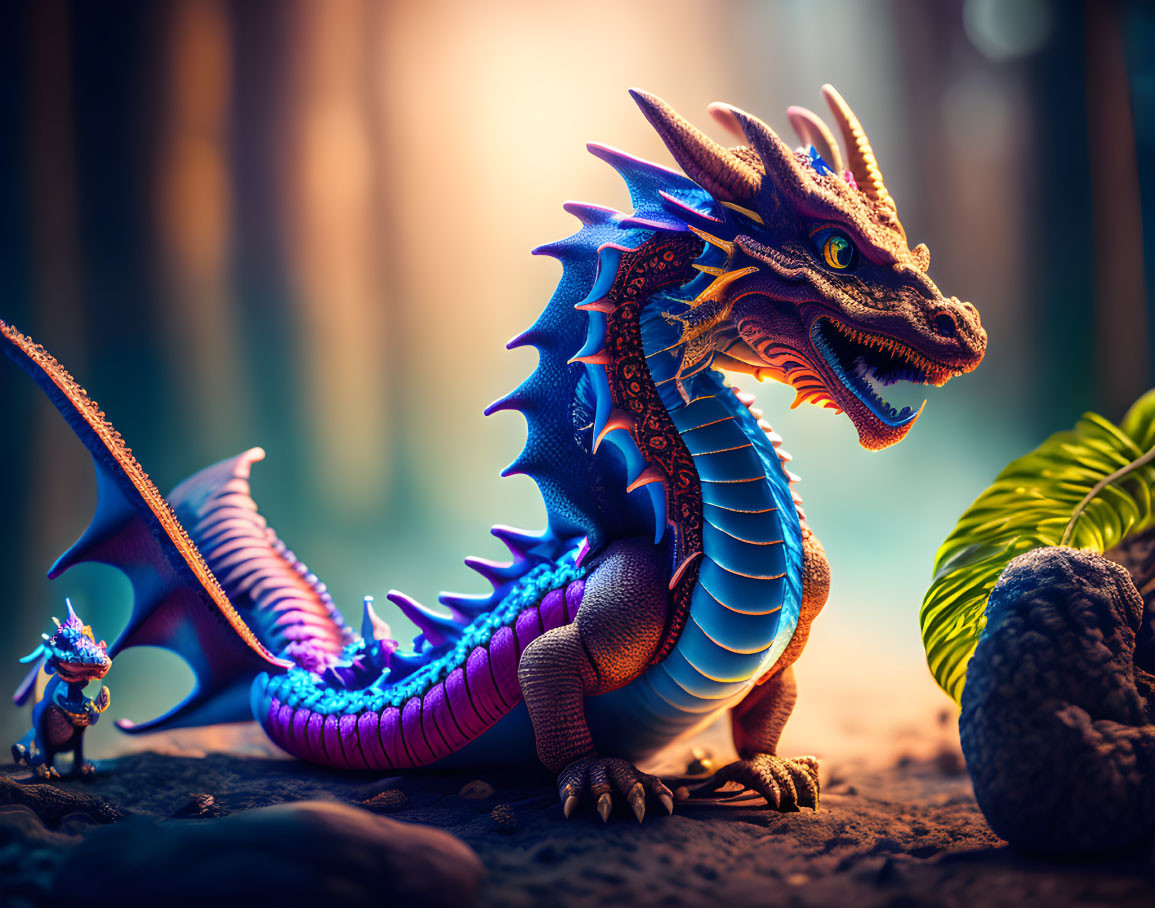 Colorful dragon with intricate scales in sunlit forest faces tiny armored figure