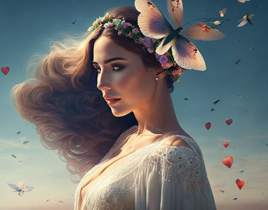 Woman with floral crown and butterflies in dreamy sky scene.