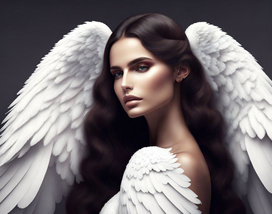 Digital Artwork: Person with White Angel Wings and Blue Eyes on Dark Background