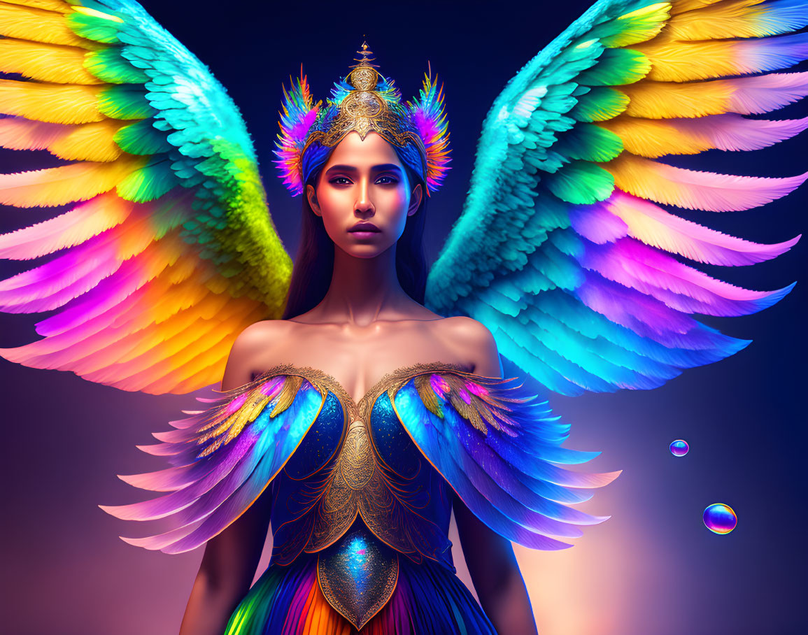 Woman with iridescent wings and colorful feathered headdress.