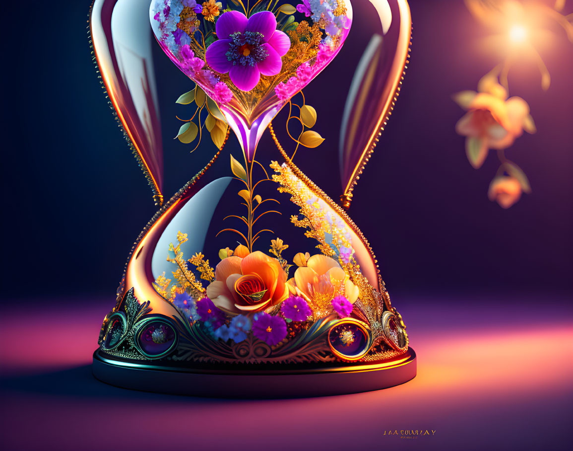 Colorful hourglass with blooming flowers and glowing light