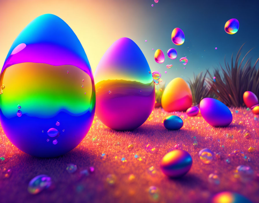 Vibrant Easter Eggs on Grassy Field with Bubbles