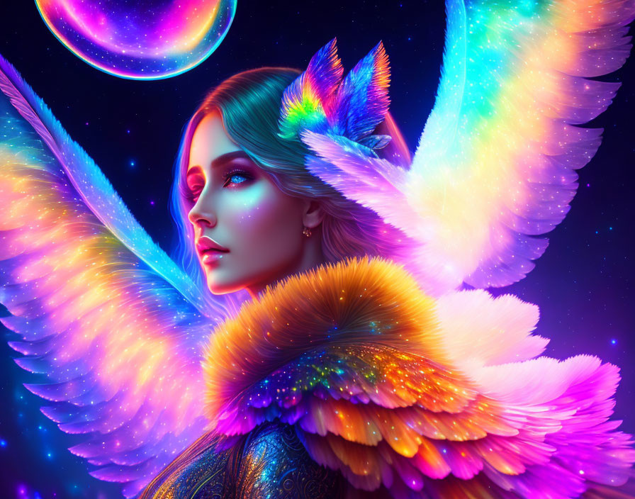 Digital artwork featuring woman with luminescent feathered wings in cosmic setting