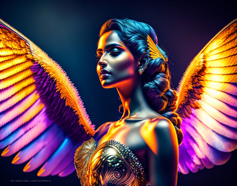 Colorful digital artwork: Woman with glowing angel wings