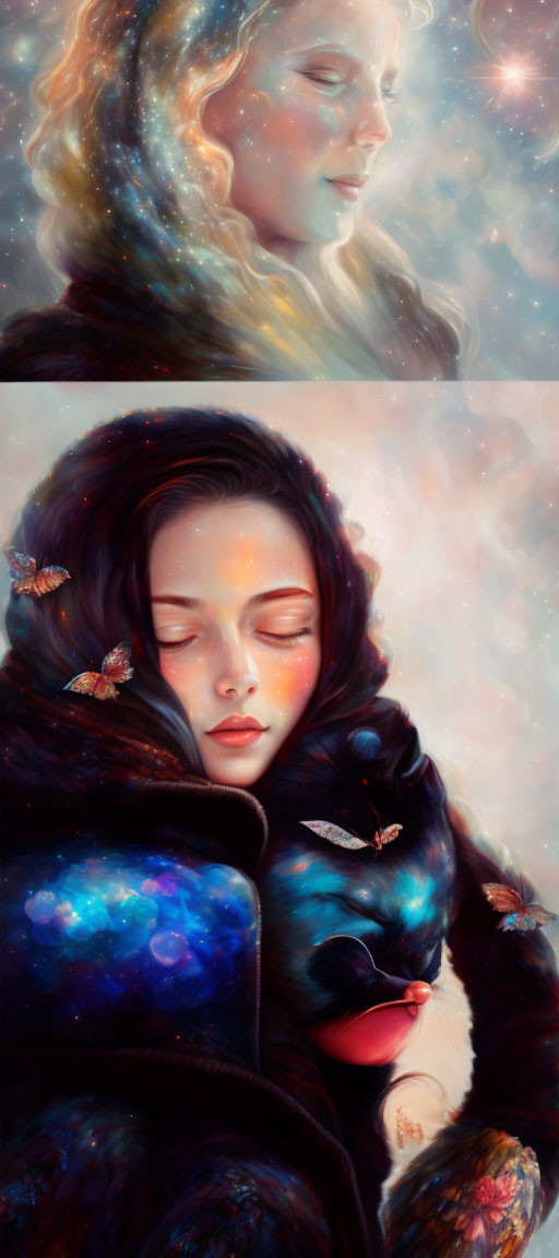 Colorful Cosmic and Nature-Themed Women's Portraits with Serene Ambiance