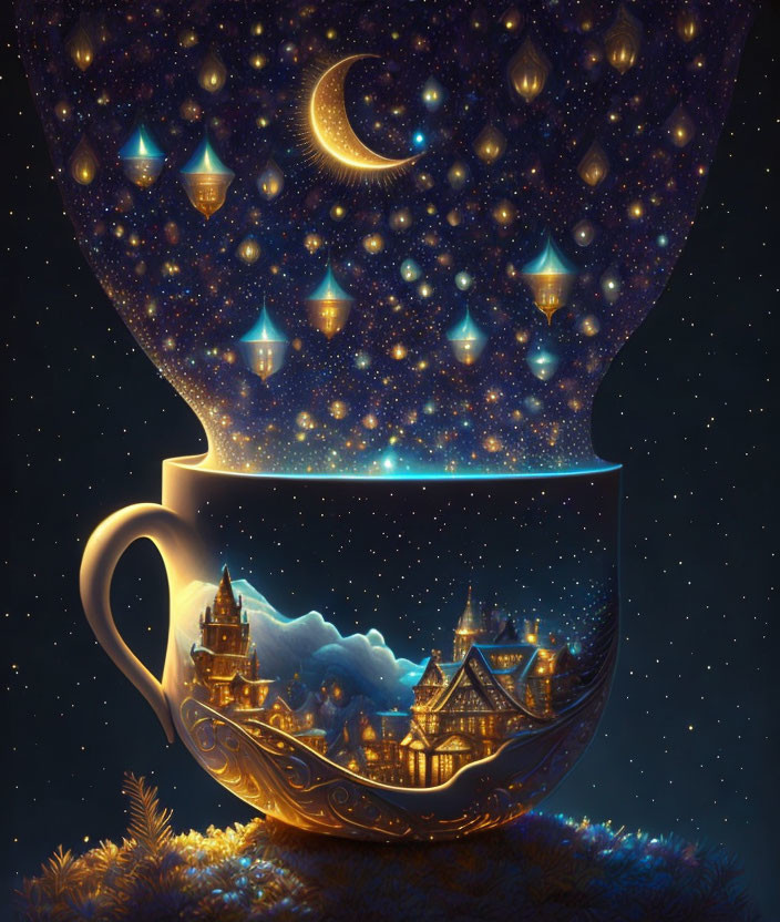 Illustration of night sky with crescent moon and stars pouring from cup