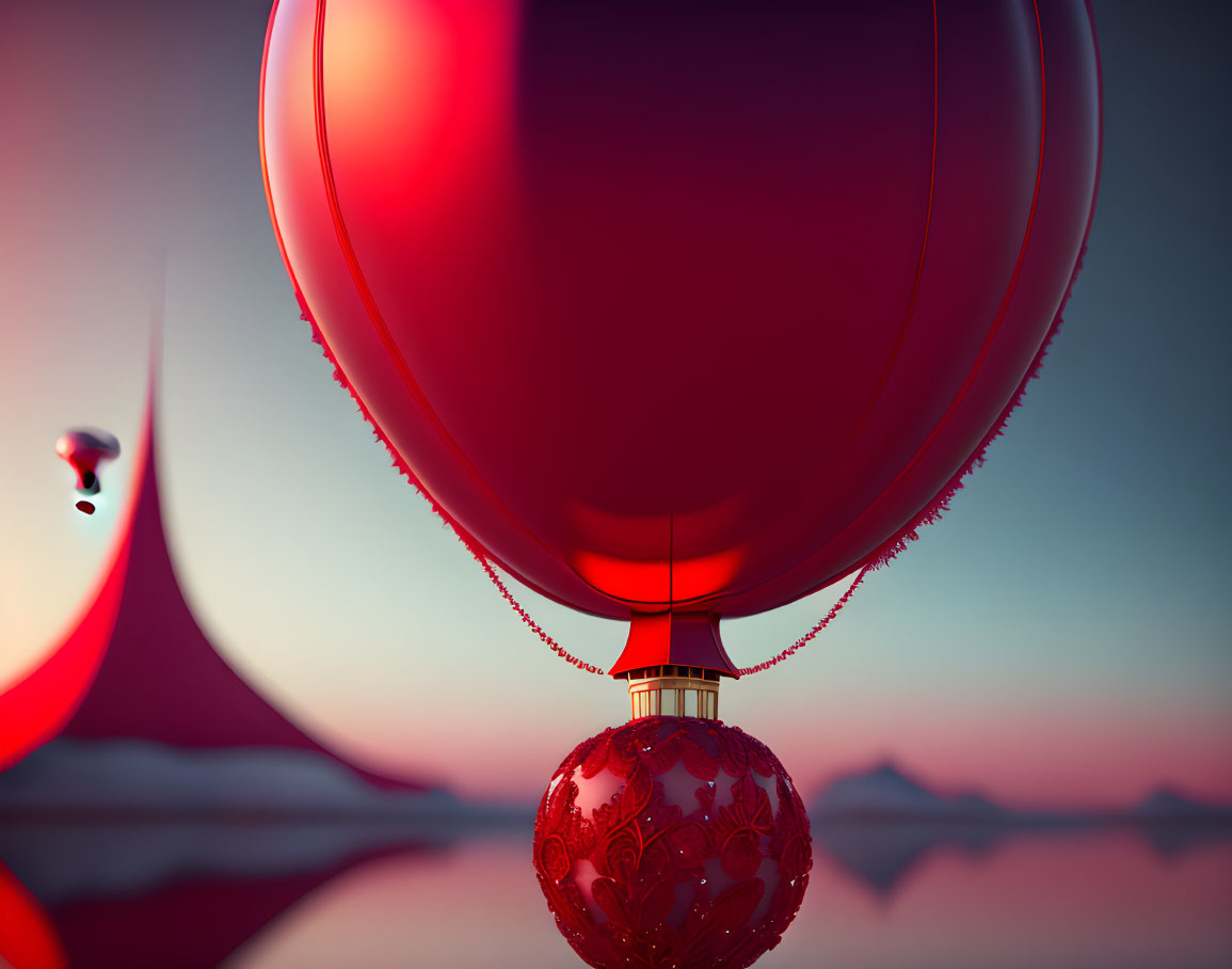 Red patterned balloon floats over surreal landscape with glowing sky