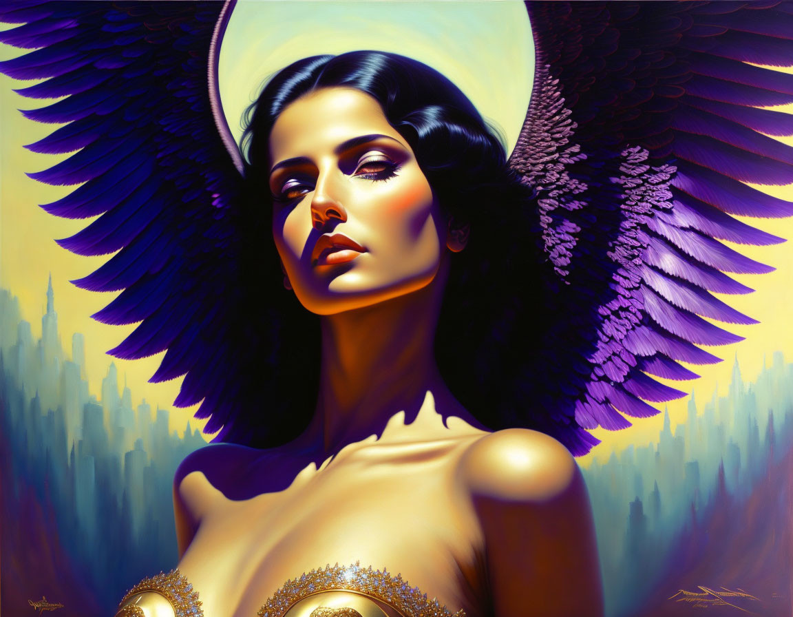 Dark-haired woman with radiant halo and purple angelic wings on warm background