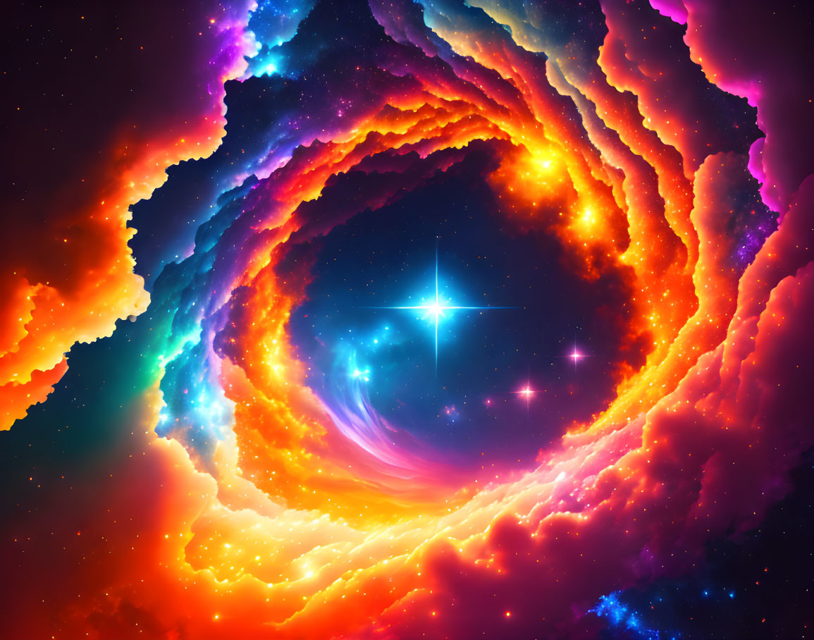 Colorful cosmic swirl with orange, blue, and pink hues and starry details