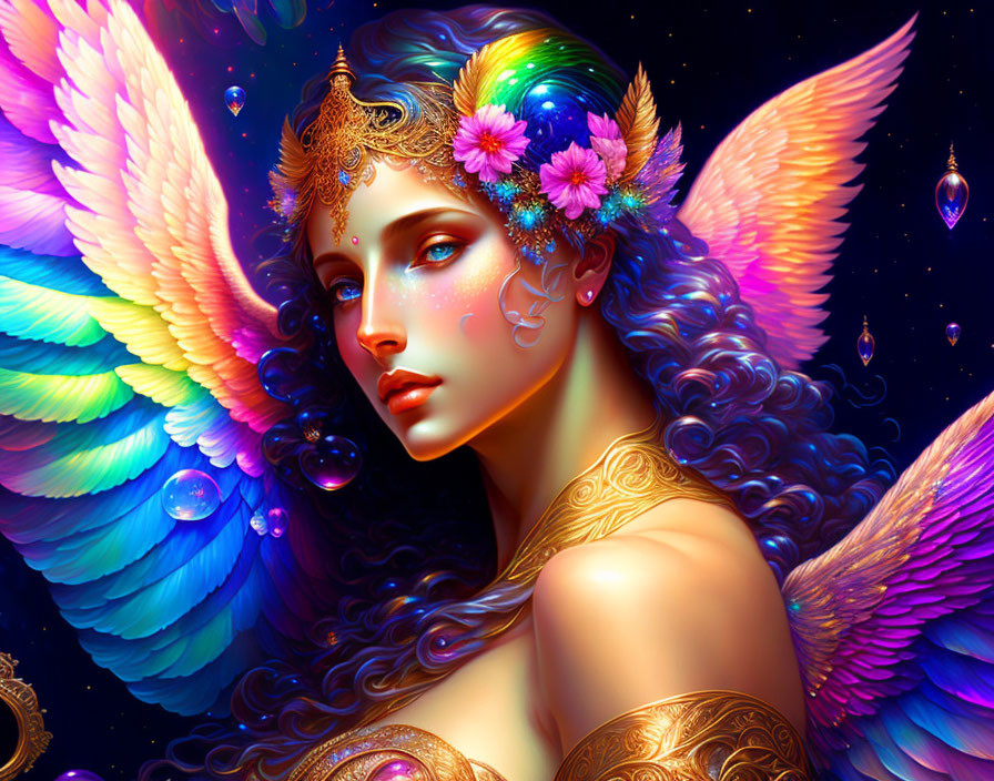 Colorful digital artwork of ethereal female figure with multicolored wings, floral headpiece, and