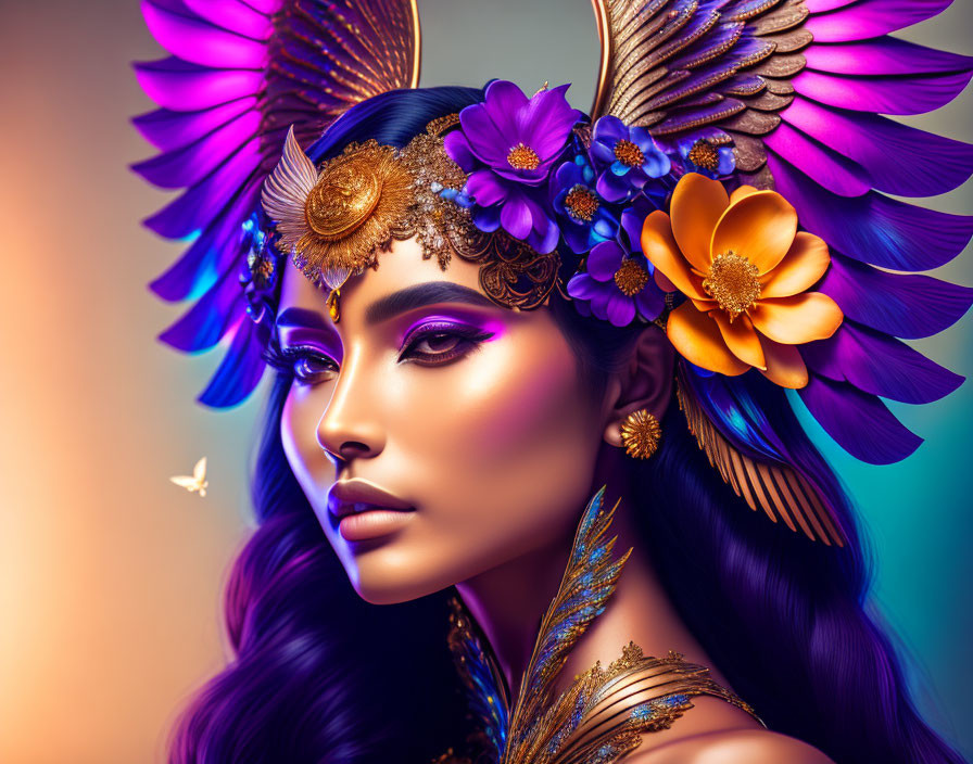 Colorful portrait of woman with purple skin, golden jewelry, floral crown, and metallic wings.