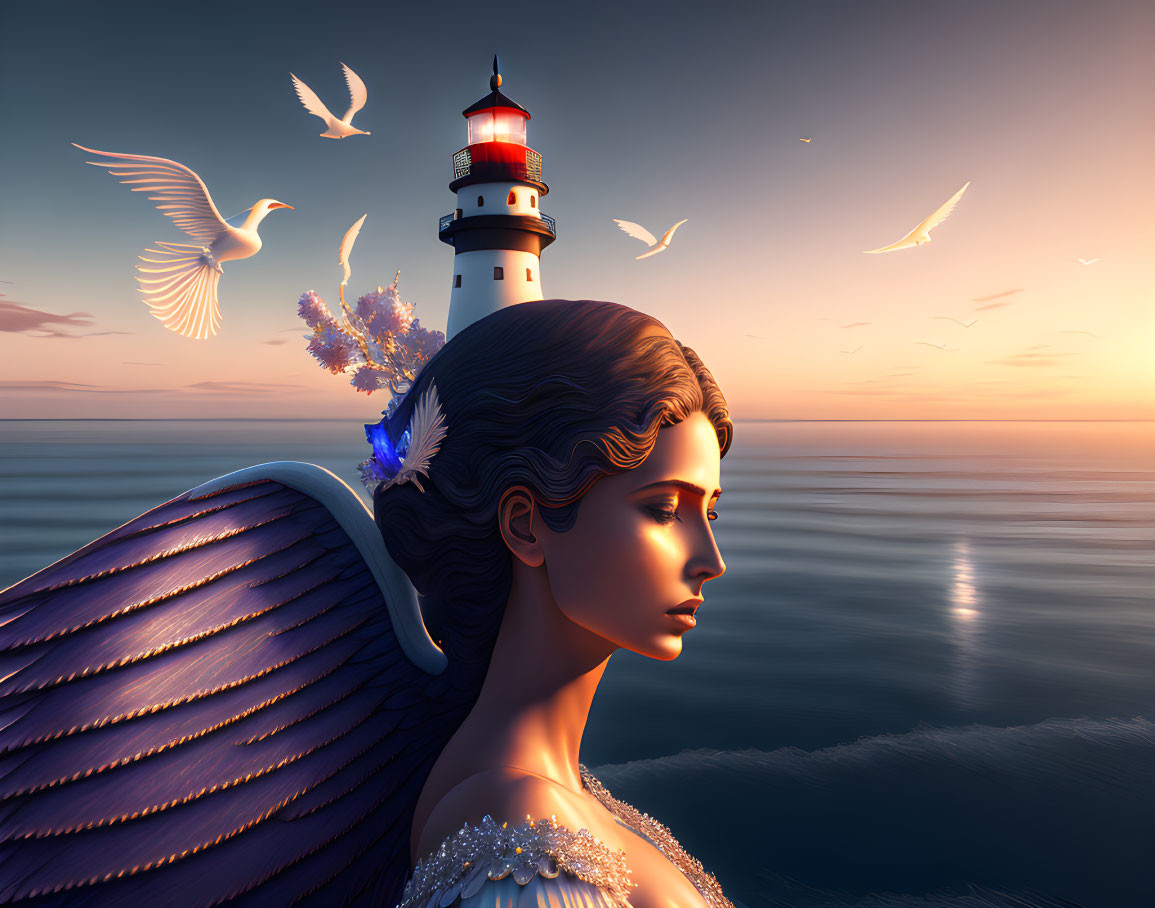 Digital artwork of woman with angel wings by lighthouse at sunset