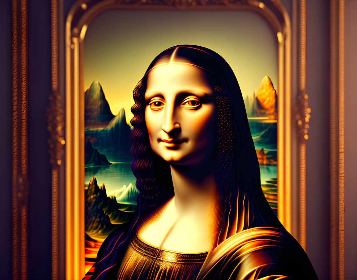 Golden Mona Lisa with Exaggerated Smile in Baroque Frame