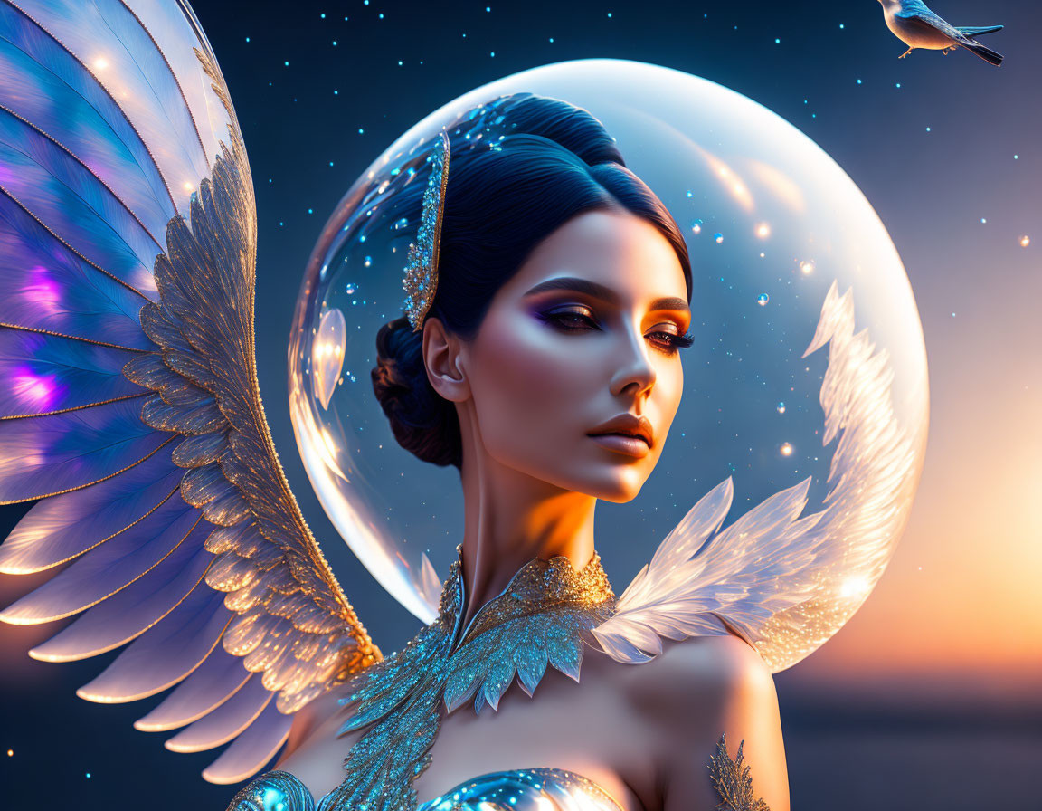 Ethereal woman with wings under full moon in mystical twilight